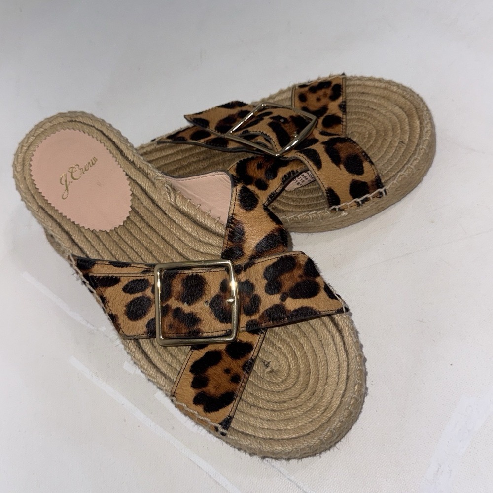 J. Crew Calf Hair Leopard Animal Print Flat Slide Espadrille Sandals Women's 9.5